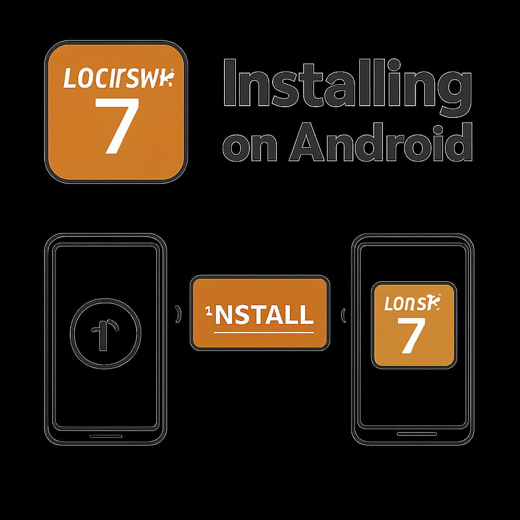 Illustration showing installation steps for Lottery 7 on Android.