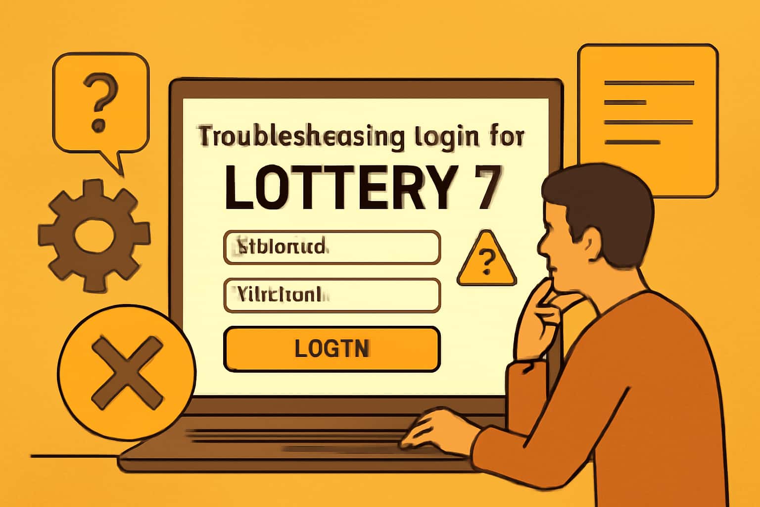 Informational scene illustrating the troubleshooting login process for Lottery 7.